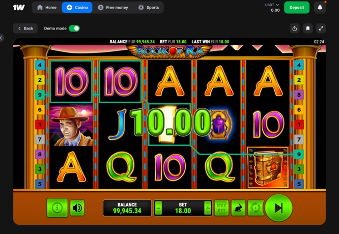 Book of Ra bei 1Win Casino Guide mit ägyptischem Slot-Bildschirm