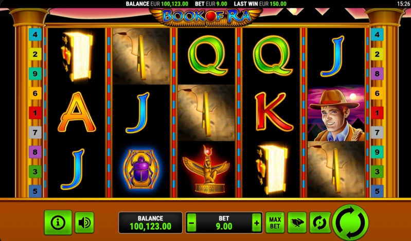 Book of Ra Demo-Spielbildschirm mit 5 Walzen und ägyptischen Slot-Symbolen