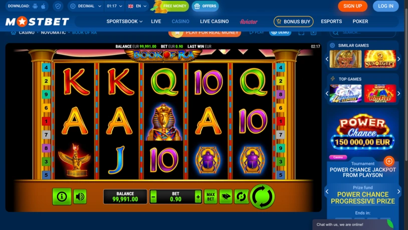 Book of Ra bei Mostbet Casino Guide mit ägyptischem Slot-Bildschirm
