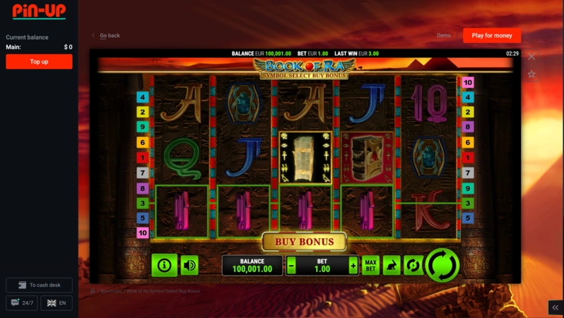 Book of Ra bei Pin-Up Casino Guide mit ägyptischem Slot-Bildschirm